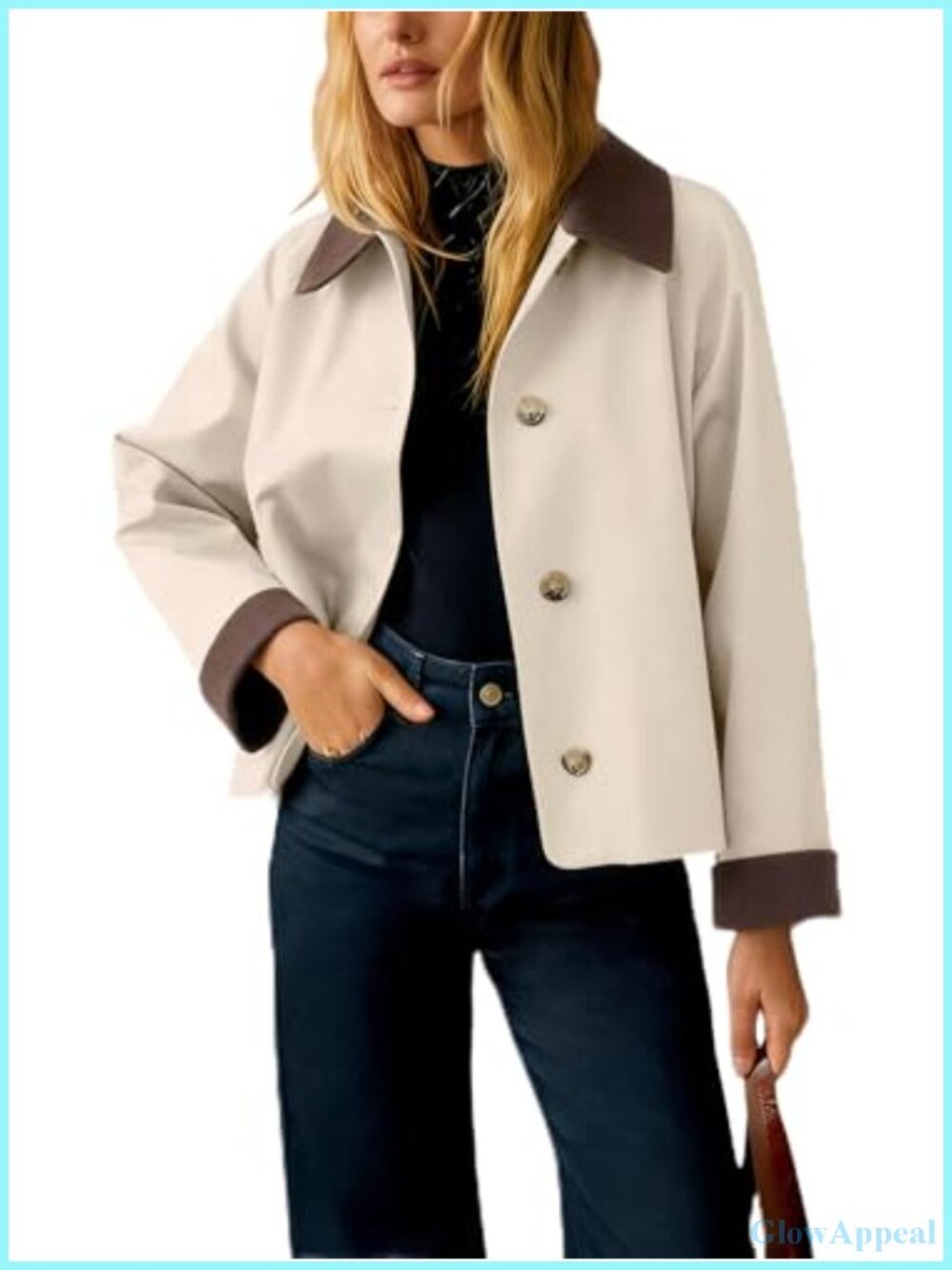 Women's Crop Trench Coat Contrast Lapel Long Sleeve Button Down Lightweight